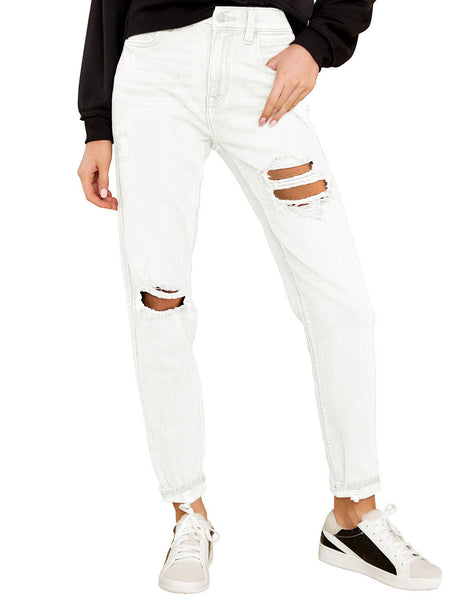 GRAPENT Women's Casual High Waisted Mom Jeans Ripped Stretchy Tapered Denim Pants