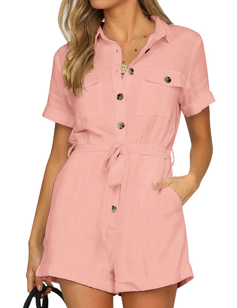 GRAPENT Women's Summer Short Sleeve Button Down Pockets Belted Jumpsuits Rompers