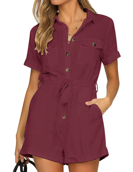 GRAPENT Women's Summer Short Sleeve Button Down Pockets Belted Jumpsuits Rompers