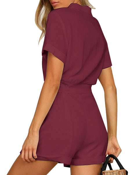 GRAPENT Women's Summer Short Sleeve Button Down Pockets Belted Jumpsuits Rompers