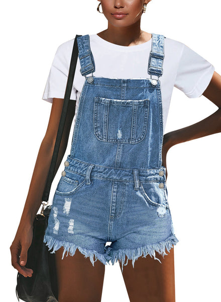 GRAPENT Women's Adjustable Strap Frayed Raw Hem Denim Bib Overalls Jeans Shorts