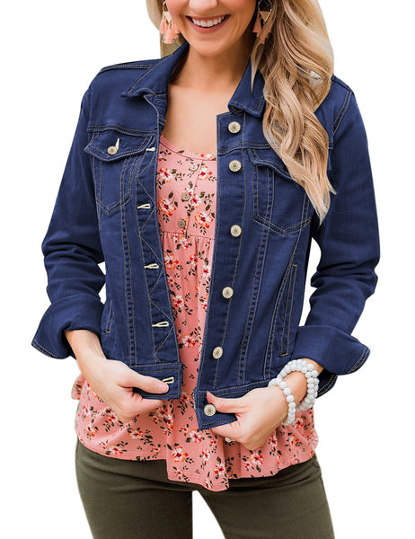 GRAPENT Women's Basic Button Down Long Sleeve Stretchy Jean Trucker Denim Jacket