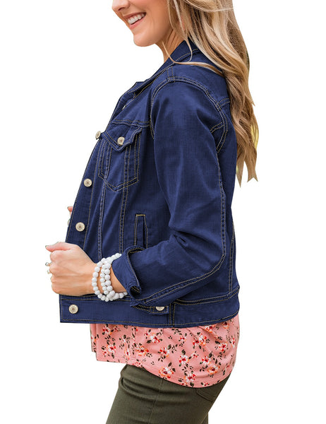 GRAPENT Women's Basic Button Down Long Sleeve Stretchy Jean Trucker Denim Jacket