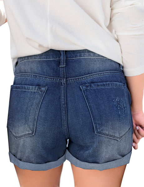 GRAPENT Women's High Waist Jean Short Casual Ripped Folded Hem Denim Jeans Shorts
