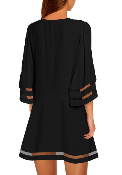 GRAPENT Women Casual Crewneck Mesh Panel 3/4 Bell Sleeve Loose Tunic Dress
