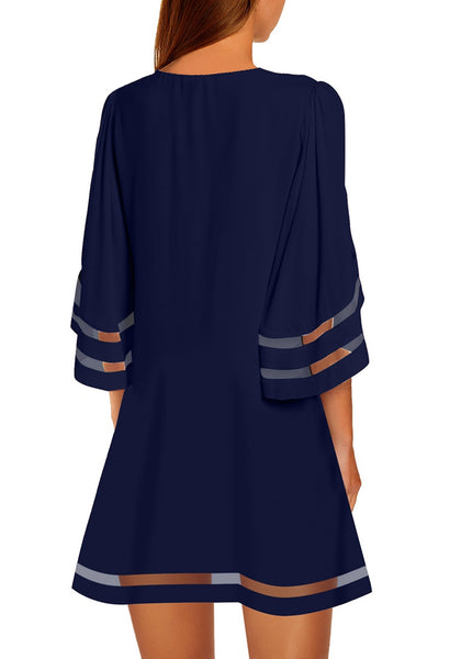 GRAPENT Women Casual Crewneck Mesh Panel 3/4 Bell Sleeve Loose Tunic Dress