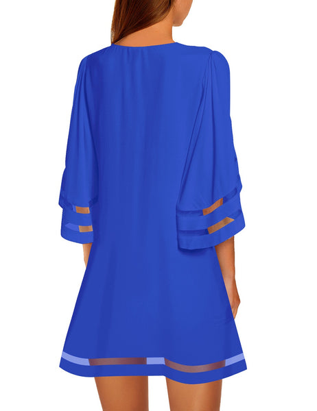 GRAPENT Women Casual Crewneck Mesh Panel 3/4 Bell Sleeve Loose Tunic Dress