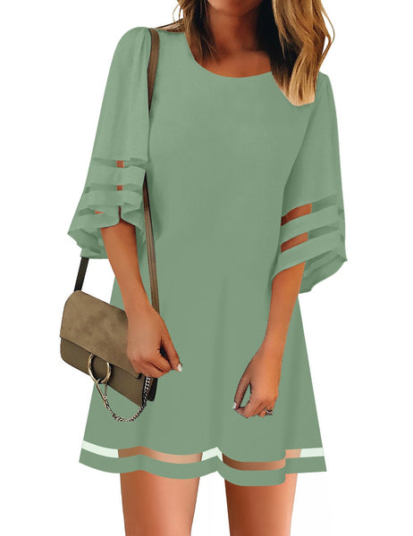 GRAPENT Women Casual Crewneck Mesh Panel 3/4 Bell Sleeve Loose Tunic Dress