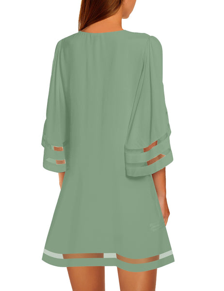 GRAPENT Women Casual Crewneck Mesh Panel 3/4 Bell Sleeve Loose Tunic Dress