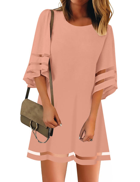 GRAPENT Women Casual Crewneck Mesh Panel 3/4 Bell Sleeve Loose Tunic Dress