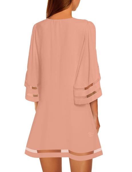 GRAPENT Women Casual Crewneck Mesh Panel 3/4 Bell Sleeve Loose Tunic Dress