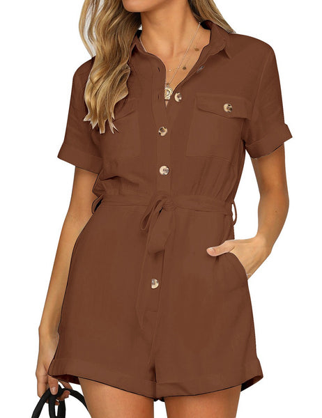 GRAPENT Women's Summer Short Sleeve Button Down Pockets Belted Jumpsuits Rompers