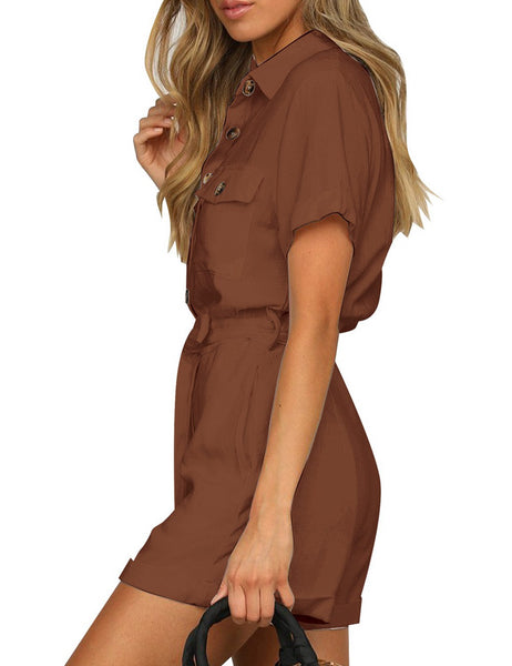 GRAPENT Women's Summer Short Sleeve Button Down Pockets Belted Jumpsuits Rompers