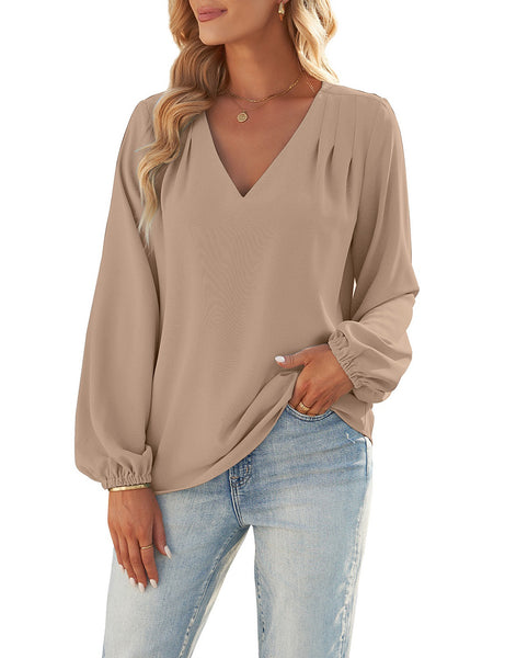 GRAPENT Womens Business Causal Tops for Women Ladies Work Blouses Dressy Long Sleeve Pleated V Neck