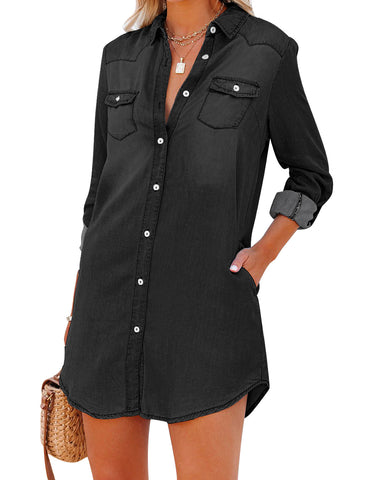 GRAPENT Women Casual Denim Shirt Dress Button Down Pockets Long Sleeve Tunic Top