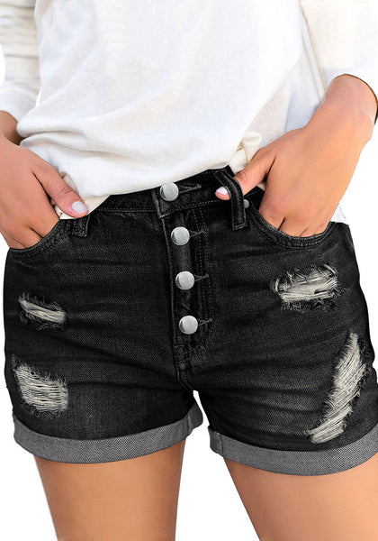 GRAPENT Women's High Waist Jean Short Casual Ripped Folded Hem Denim Jeans Shorts