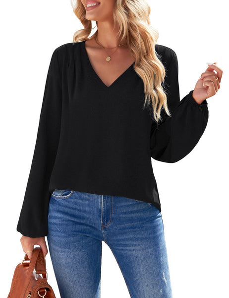 GRAPENT Womens Business Causal Tops for Women Ladies Work Blouses Dressy Long Sleeve Pleated V Neck