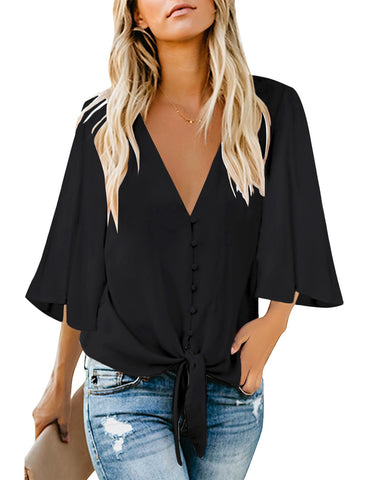 GRAPENT Women's Casual 3/4 Bell Sleeve Blouse V Neck Mesh Panel Loose Top Shirt