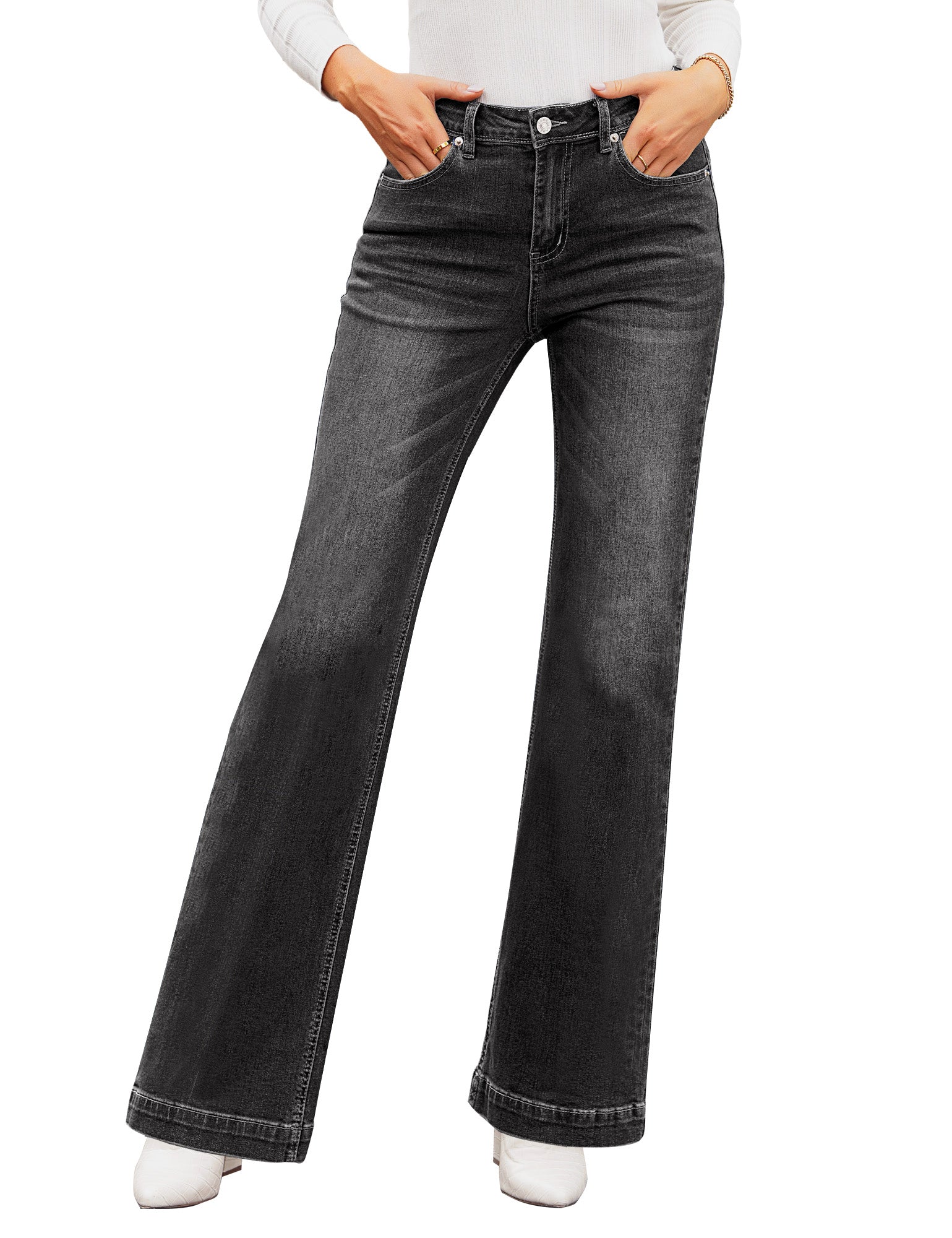 Women's Skinny Ripped Bell Bottom Jeans High Waisted Flare Jeans Black S