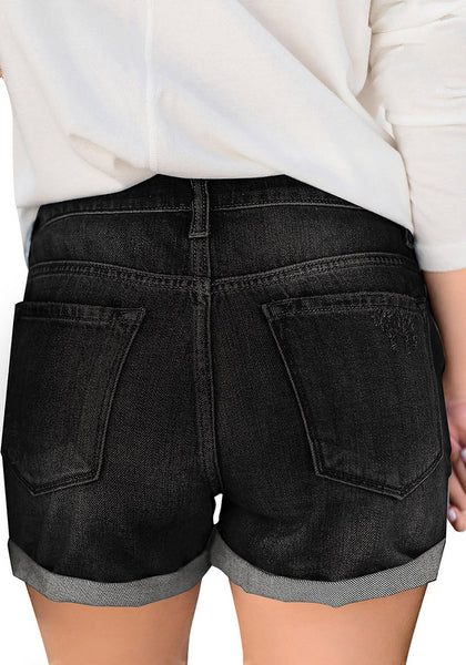 GRAPENT Women's High Waist Jean Short Casual Ripped Folded Hem Denim Jeans Shorts