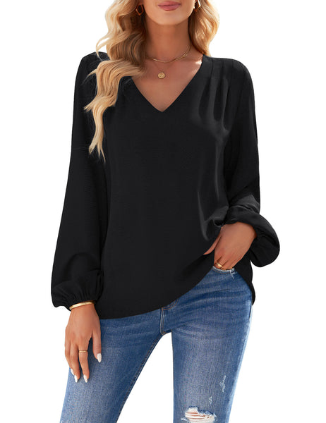 GRAPENT Womens Business Causal Tops for Women Ladies Work Blouses Dressy Long Sleeve Pleated V Neck