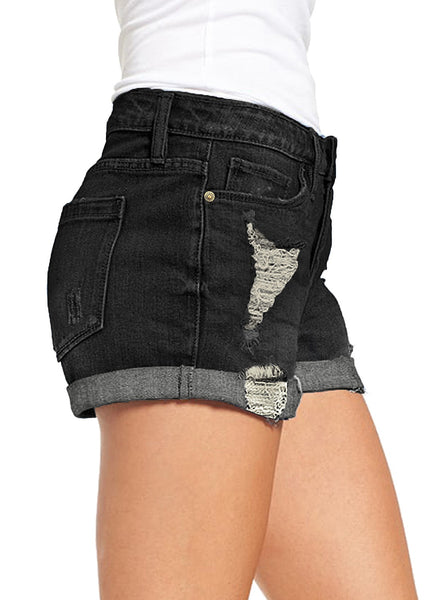 GRAPENT Women's High Waist Jean Short Casual Ripped Folded Hem Denim Jeans Shorts