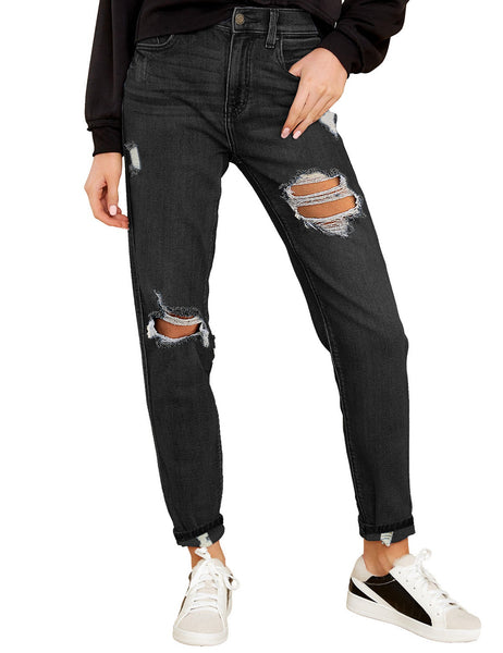 GRAPENT Women's Casual High Waisted Mom Jeans Ripped Stretchy Tapered Denim Pants