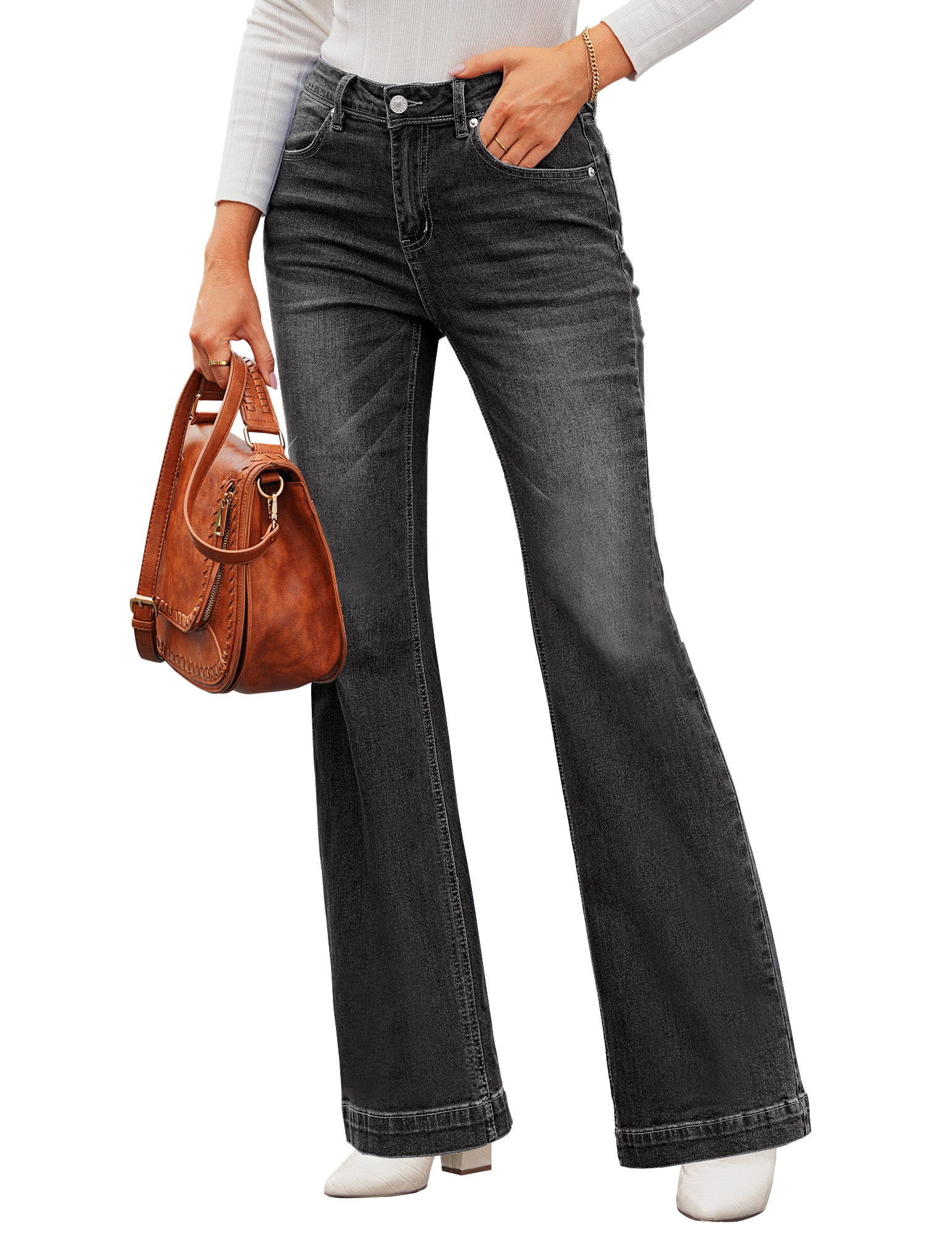 GRAPENT Flare Pants for Women High Wasited Stretchy Faux Leather Look  Button Fly Jeans Trendy Bell Bottom Trousers