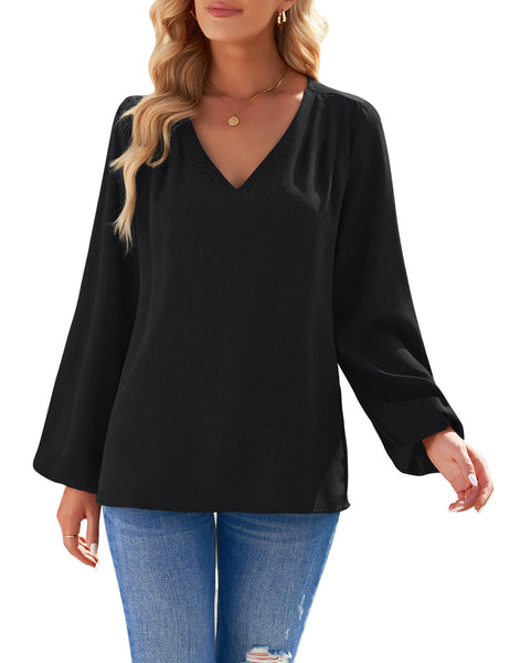 GRAPENT Womens Business Causal Tops for Women Ladies Work Blouses Dressy Long Sleeve Pleated V Neck