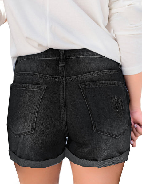 GRAPENT Women's High Waist Jean Short Casual Ripped Folded Hem Denim Jeans Shorts