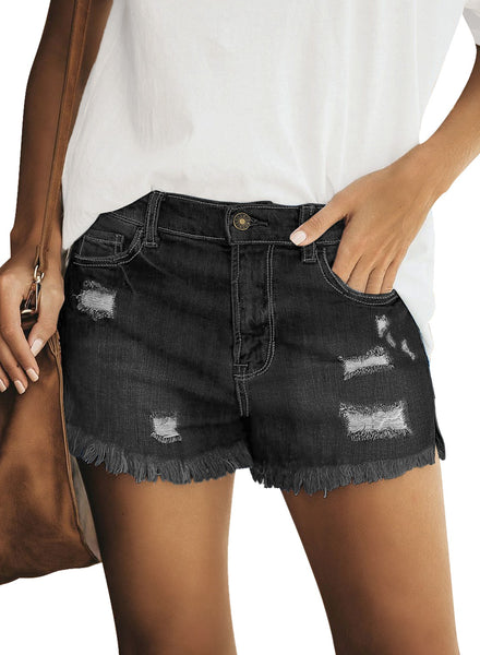 GRAPENT Women's High Waist Jean Short Casual Ripped Folded Hem Denim Jeans Shorts