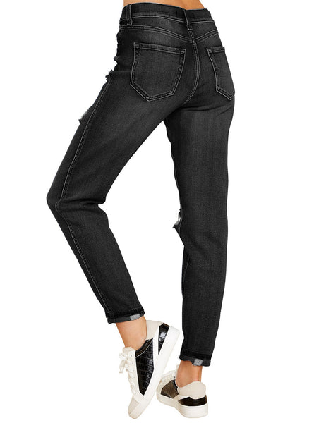GRAPENT Women's Casual High Waisted Mom Jeans Ripped Stretchy Tapered Denim Pants