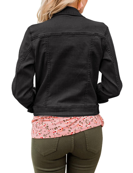 GRAPENT Women's Basic Button Down Long Sleeve Stretchy Jean Trucker Denim Jacket