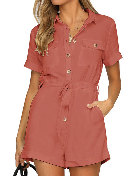 GRAPENT Women's Summer Short Sleeve Button Down Pockets Belted Jumpsuits Rompers
