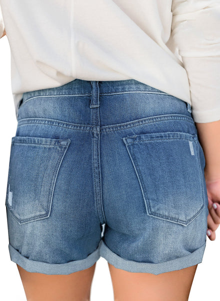 GRAPENT Women's High Waist Jean Short Casual Ripped Folded Hem Denim Jeans Shorts