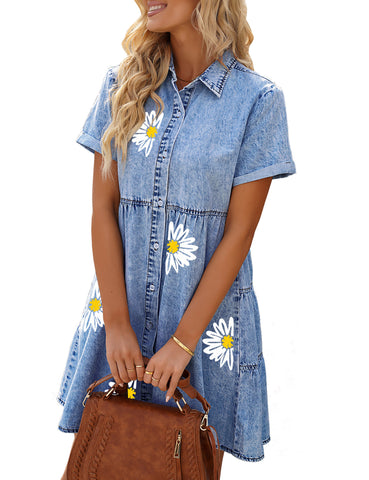 GRAPENT Denim Dress for Women Babydoll Tiered Short Sleeve Button Down Jean Shirt Dresses