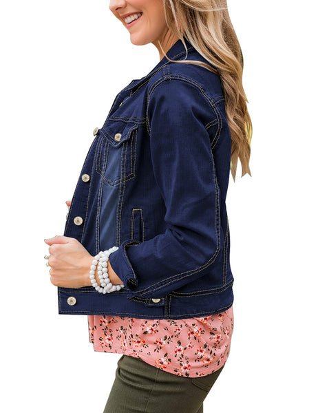 GRAPENT Women's Basic Button Down Long Sleeve Stretchy Jean Trucker Denim Jacket