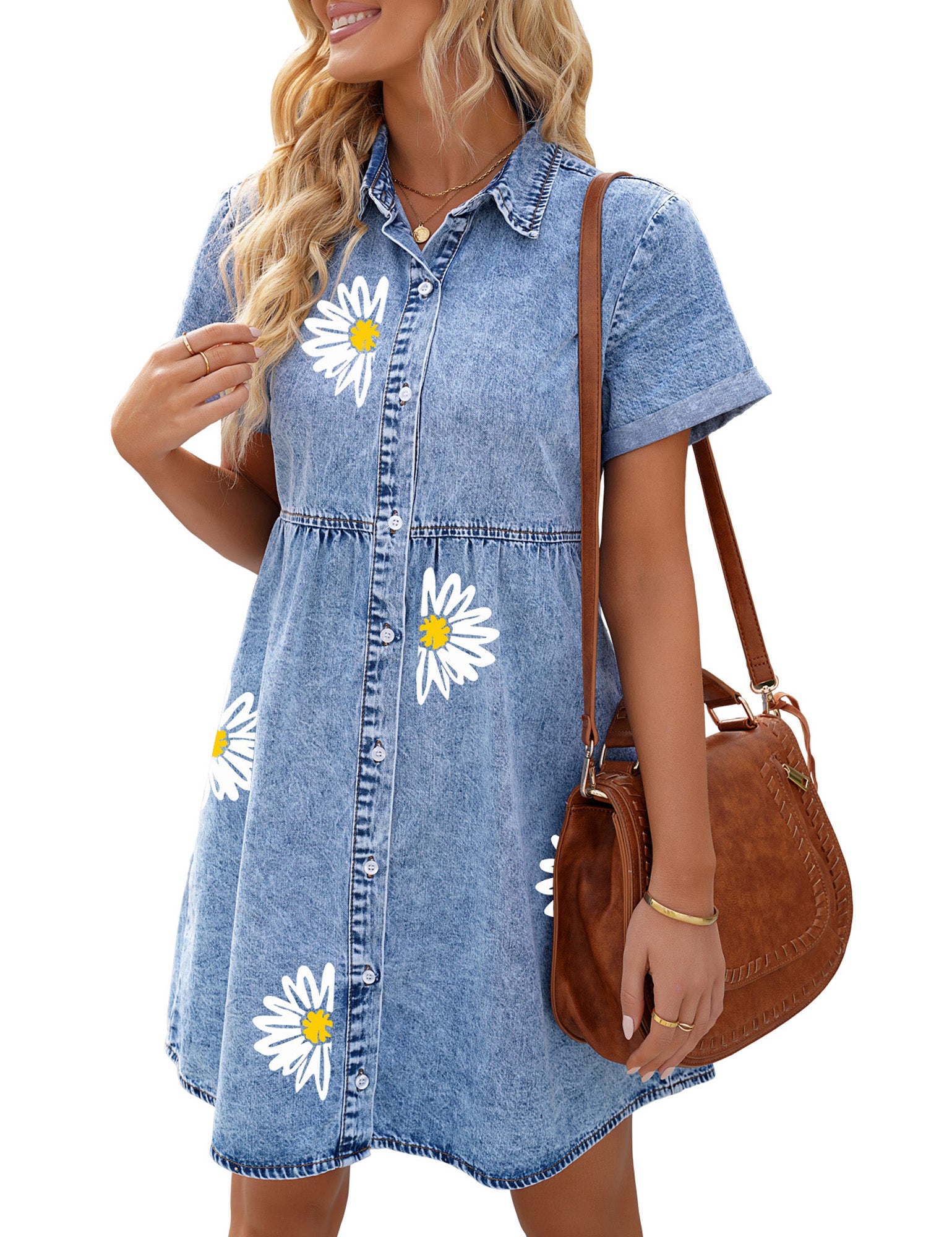 GRAPENT Denim Dress for Women Babydoll Tiered Short Sleeve Button Down –  Grapent