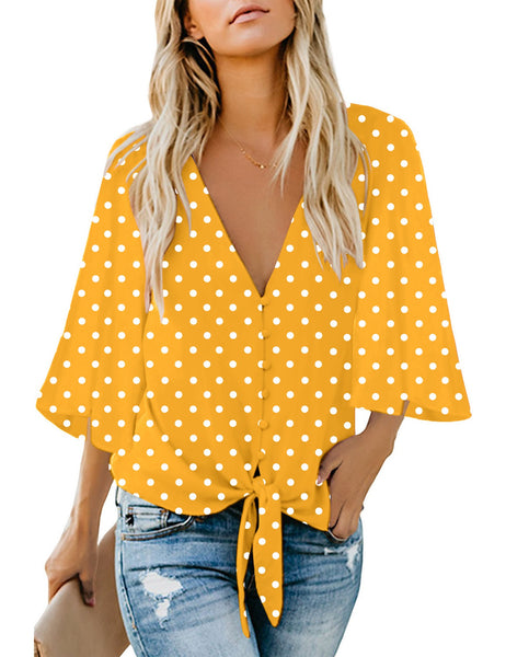 GRAPENT Women's Casual 3/4 Bell Sleeve Blouse V Neck Mesh Panel Loose Top Shirt