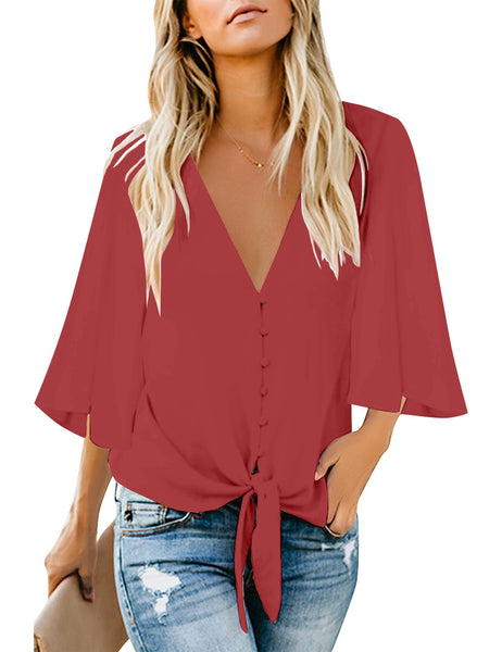 GRAPENT Women's Casual 3/4 Bell Sleeve Blouse V Neck Mesh Panel Loose Top Shirt