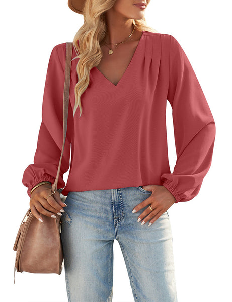 GRAPENT Womens Business Causal Tops for Women Ladies Work Blouses Dressy Long Sleeve Pleated V Neck