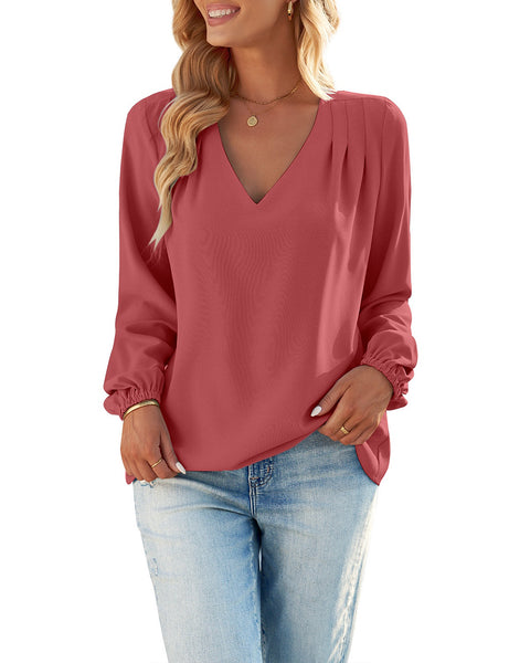 GRAPENT Womens Business Causal Tops for Women Ladies Work Blouses Dressy Long Sleeve Pleated V Neck