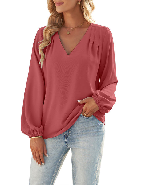 GRAPENT Womens Business Causal Tops for Women Ladies Work Blouses Dressy Long Sleeve Pleated V Neck