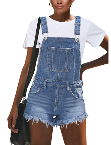 GRAPENT Women's Adjustable Strap Frayed Raw Hem Denim Bib Overalls Jeans Shorts