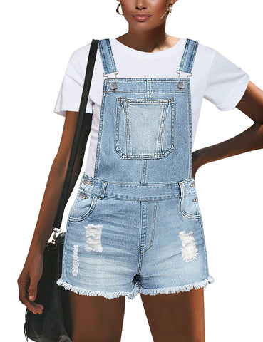 GRAPENT Women's Adjustable Strap Frayed Raw Hem Denim Bib Overalls Jeans Shorts