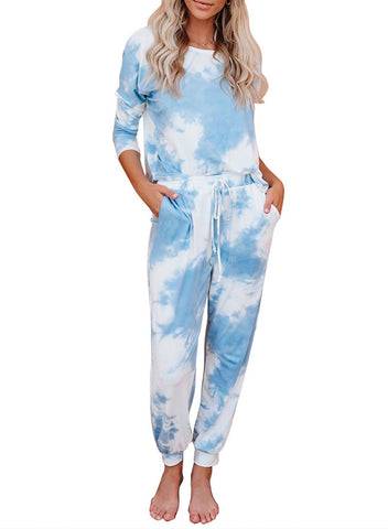 GRAPENT Women Tie Dye Print Pajama Set Loungewear Top and Pants Jogger Sleepwear