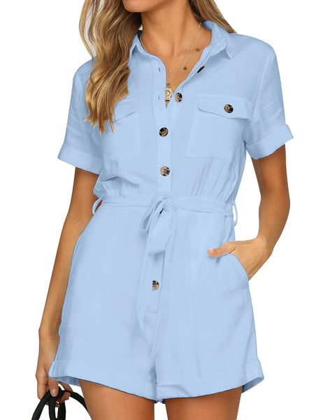 GRAPENT Women's Summer Short Sleeve Button Down Pockets Belted Jumpsuits Rompers