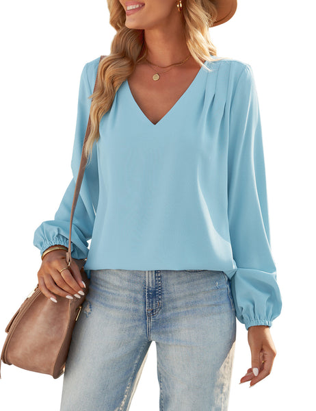 GRAPENT Womens Business Causal Tops for Women Ladies Work Blouses Dressy Long Sleeve Pleated V Neck