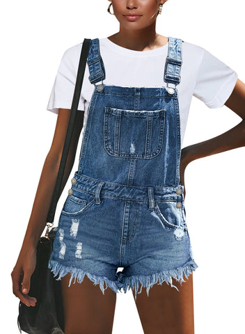 GRAPENT Women's Adjustable Strap Frayed Raw Hem Denim Bib Overalls Jeans Shorts