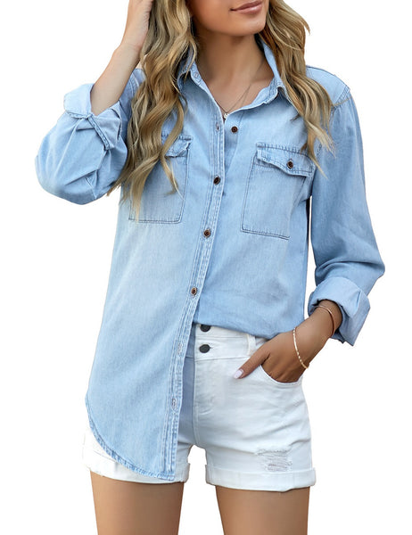 GRAPENT Womens Casual Loose Roll-up Sleeve Blouse Pocket Button Down Shirts Tops